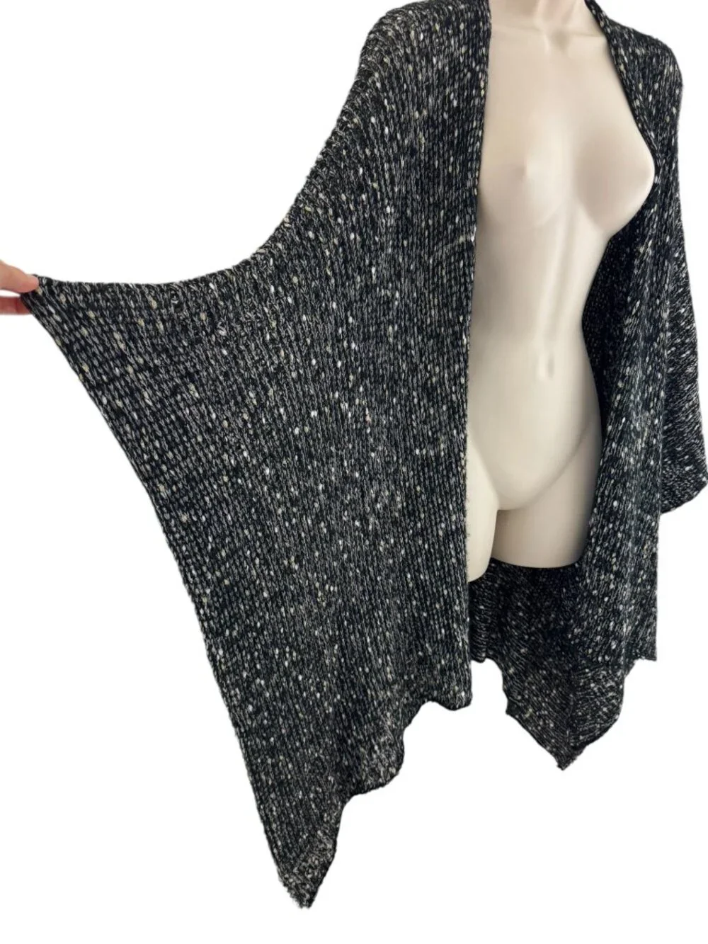 Avenue Black Gold Silver Metallic Ruana Wrap One Size Knit Shawl Sweater Plus Sz